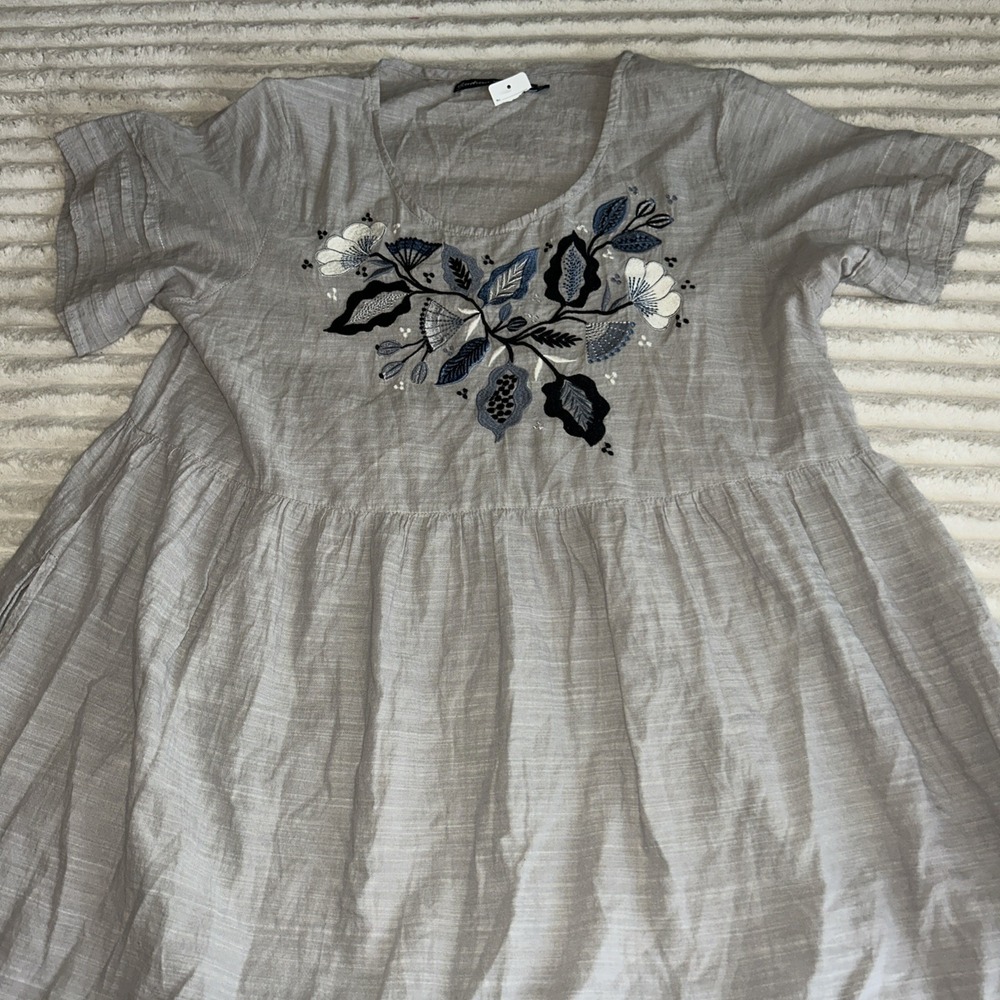Gudrun Sjödén Embroidered Linen Cotton Tunic Dress – Size Medium Gray Ruffle